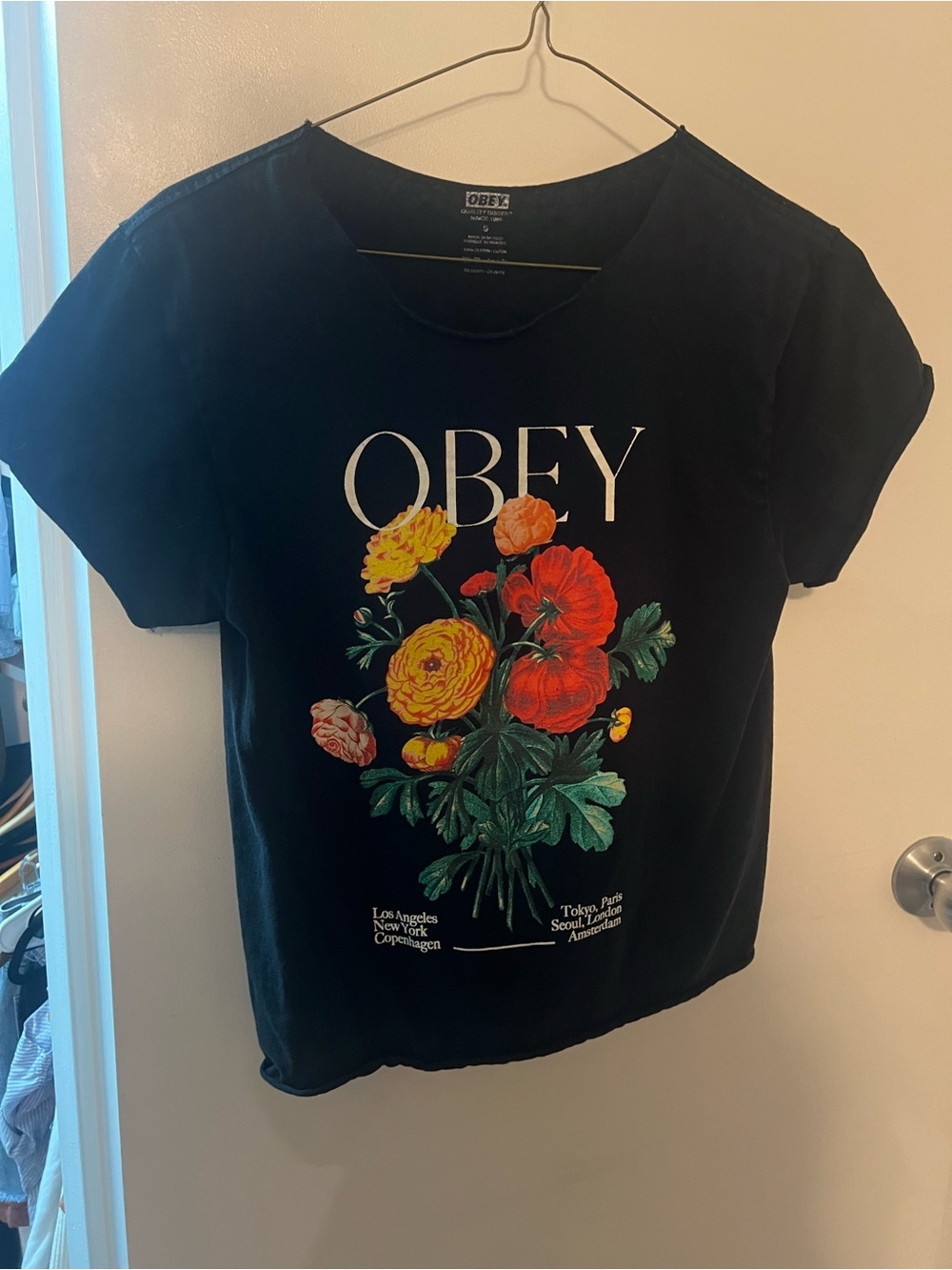 Obey Black Tee with Red & Yellow Floral Graphic
